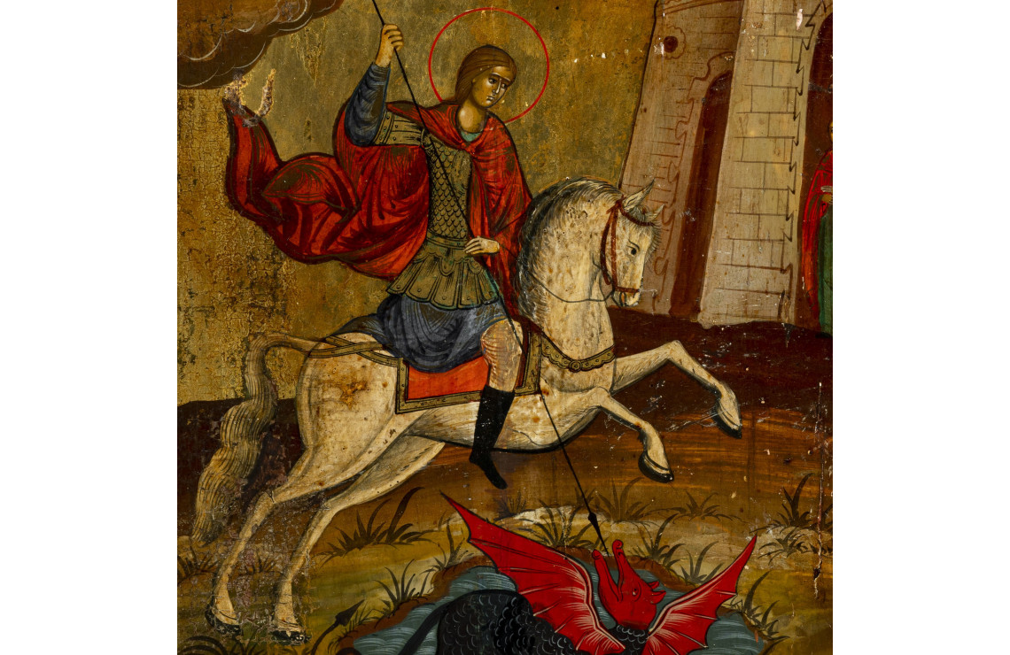 Icona russa raffigurante San Giorgio e il drago Tempera…